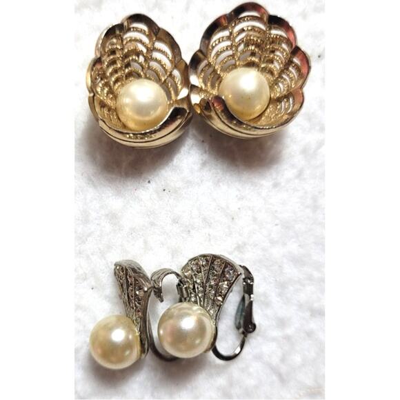 Vintage Clip On Screwback Earrings Lot 6 Pairs Faux Pearls Button Prong Set - Picture 3 of 4